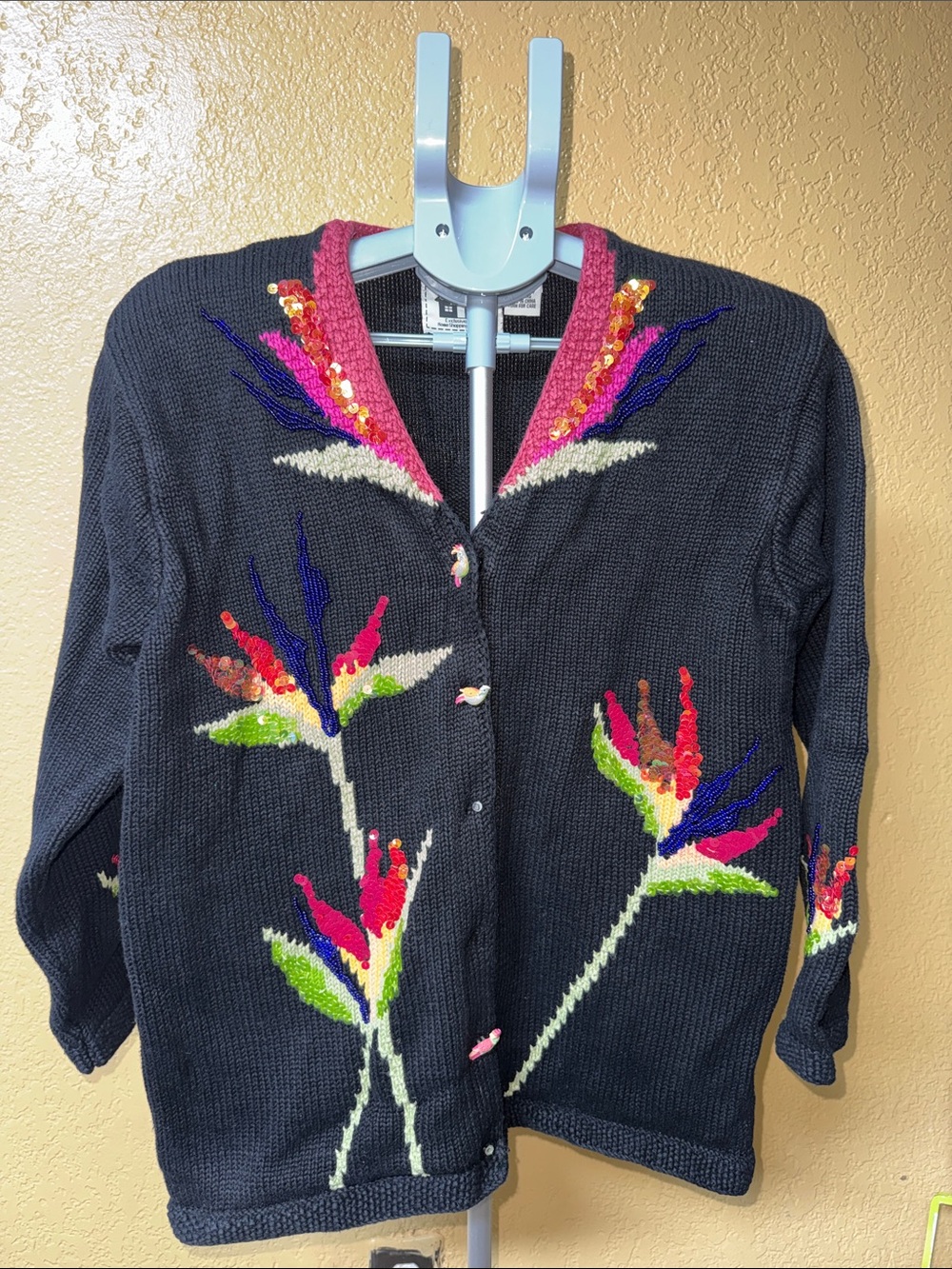 Storybook Knits Black Cardigan with Bright Floral Embroidery